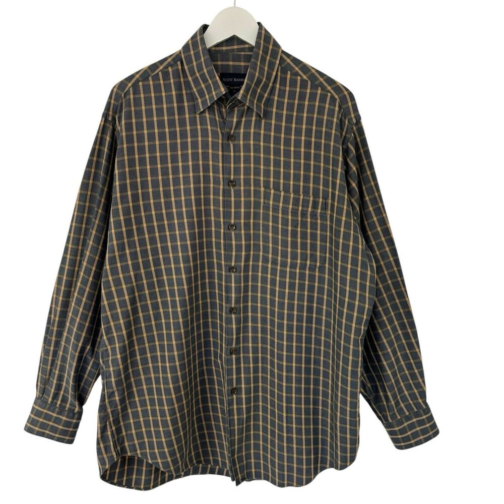 SCOTT BARBER Men's Button Down Shirt Gray Brushed Plaid Long Sleeve Pocket L